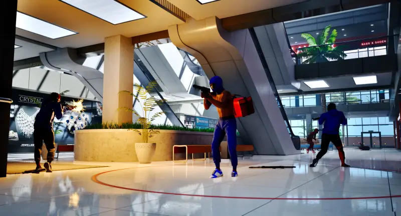 Players fighting across a bright shopping mall atrium