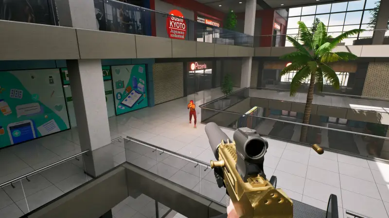 Gold rifle aimed across a two-level indoor mall