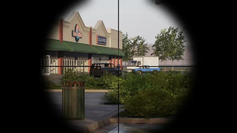 Sniper scope view over a strip mall parking lot