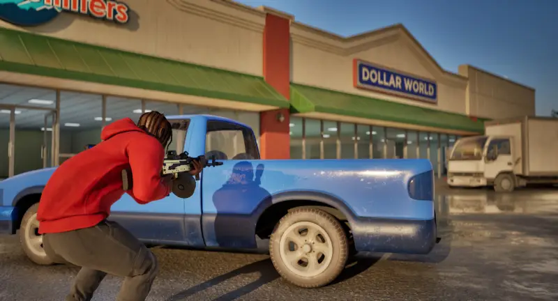 Player in a red hoodie aiming over a pickup truck outside a strip mall