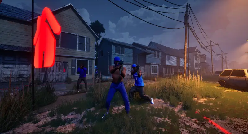 Two players in blue on a suburban street at dusk with a red objective marker