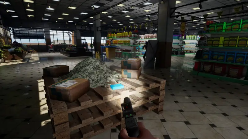 First-person view inside a supermarket with a pallet of cash